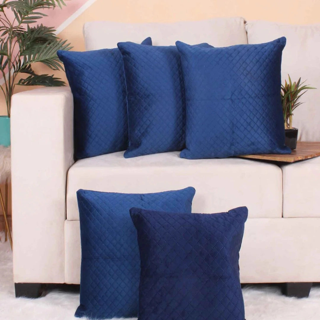 Luxurious Daimond Blue Soft Velvet Cushion Covers 5 Piece Set